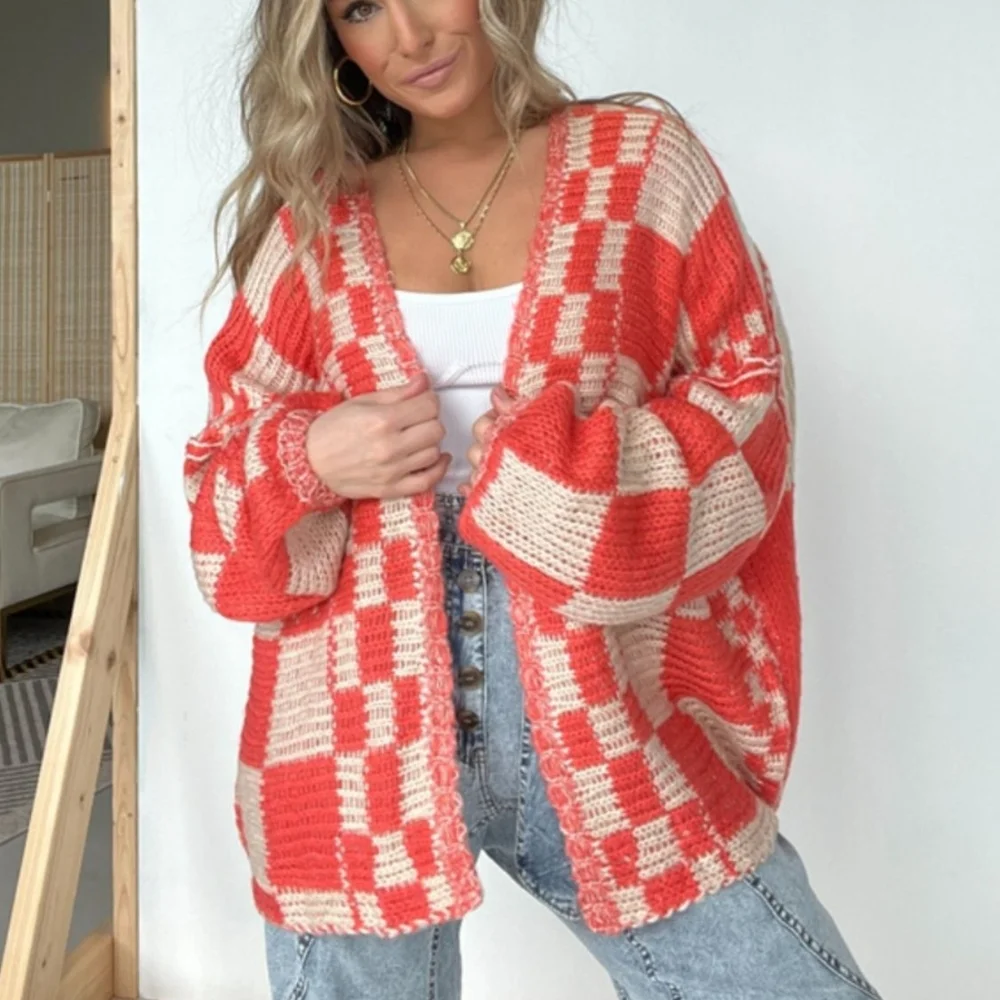 Plaid & Cozy Days Cardigan - Red Orange - Picture 5 of 9